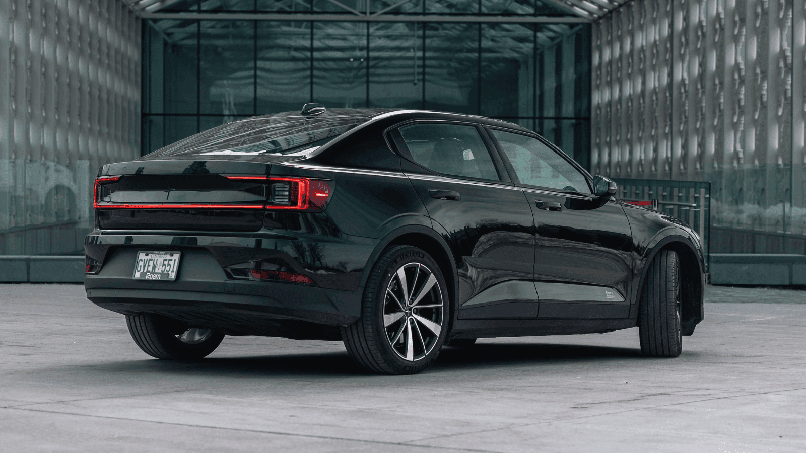 Polestar electric vehicle rear three-quarter view.